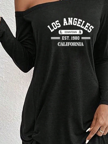 Women's Black Diagonal Shoulder Long Sleeve Simple Top Daily Casual Comfort, Simple Letter Printing, Machine Washable Women's Black Diagonal Shoulder Long Sleeve Simple Top Daily Casual Comfort, Simple Letter Printing, Machine Washable