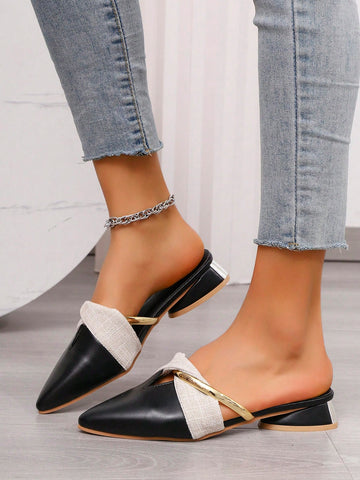 Women's Black Fashion Sexy Versatile Pointed Toe Splicing Upper Gold Stripe Design Elegant Slip-On Women's Black Fashion Sexy Versatile Pointed Toe Splicing Upper Gold Stripe Design Elegant Slip-On