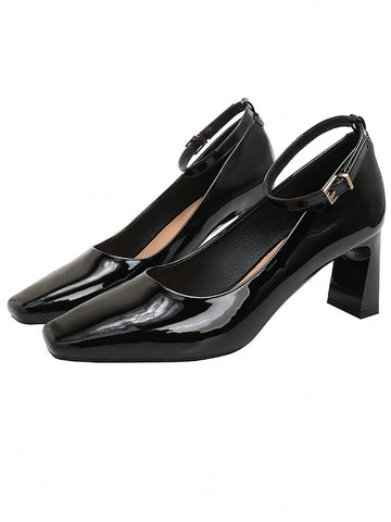 Women's Black Glossy High Heel Shoes, One-Strap Buckle Square Toe Chunky Heel, Comfortable For Casual Women's Black Glossy High Heel Shoes, One-Strap Buckle Square Toe Chunky Heel, Comfortable For Casual
