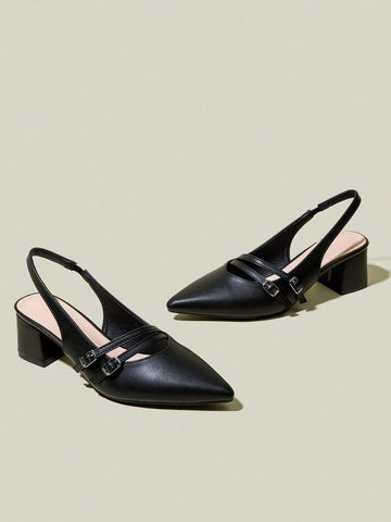Women's Black Pointed Toe Double Buckle Strap Chunky Heel Pumps, Elegant Pointed Toe Formal High Heels Women's Black Pointed Toe Double Buckle Strap Chunky Heel Pumps, Elegant Pointed Toe Formal High Heels