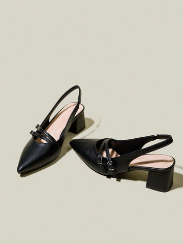 Women's Black Pointed Toe Double Buckle Strap Chunky Heel Pumps, Elegant Pointed Toe Formal High Heels Women's Black Pointed Toe Double Buckle Strap Chunky Heel Pumps, Elegant Pointed Toe Formal High Heels