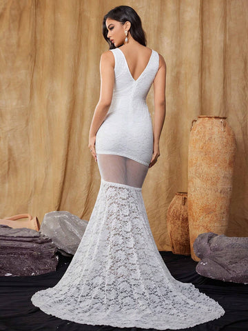 Women's Bodycon V Neck Sleeveless Lace Deep V Back Wedding Dress Women's Bodycon V Neck Sleeveless Lace Deep V Back Wedding Dress