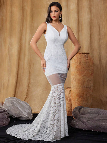 Women's Bodycon V Neck Sleeveless Lace Deep V Back Wedding Dress Women's Bodycon V Neck Sleeveless Lace Deep V Back Wedding Dress