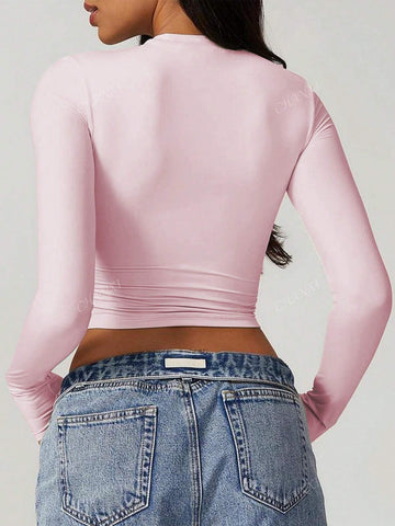 Women's Bow & Letter Print Round Neck Long Sleeve Crop Fitted T-Shirt, Spring & Summer Women's Bow & Letter Print Round Neck Long Sleeve Crop Fitted T-Shirt, Spring & Summer