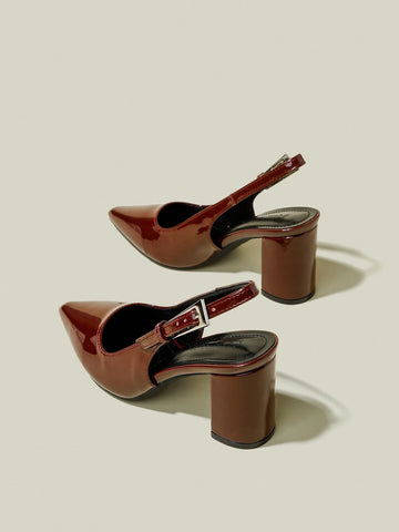 Women's Burgundy Patent Leather Pointed Toe Single Strap Chunky Heel Pumps, Elegant Pointed Toe Women's Burgundy Patent Leather Pointed Toe Single Strap Chunky Heel Pumps, Elegant Pointed Toe