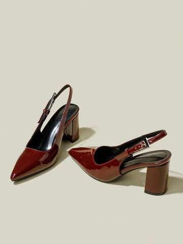 Women's Burgundy Patent Leather Pointed Toe Single Strap Chunky Heel Pumps, Elegant Pointed Toe Women's Burgundy Patent Leather Pointed Toe Single Strap Chunky Heel Pumps, Elegant Pointed Toe