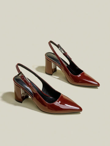 Women's Burgundy Patent Leather Pointed Toe Single Strap Chunky Heel Pumps, Elegant Pointed Toe Women's Burgundy Patent Leather Pointed Toe Single Strap Chunky Heel Pumps, Elegant Pointed Toe