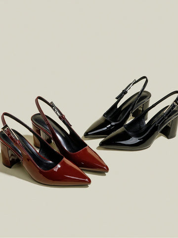 Women's Burgundy Patent Leather Pointed Toe Single Strap Chunky Heel Pumps, Elegant Pointed Toe Women's Burgundy Patent Leather Pointed Toe Single Strap Chunky Heel Pumps, Elegant Pointed Toe