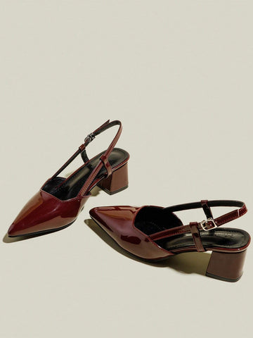 Women's Burgundy Patent Leather Pointed Toe Single Strap Chunky Heel Pumps, Elegant Pointy Toe Formal Women's Burgundy Patent Leather Pointed Toe Single Strap Chunky Heel Pumps, Elegant Pointy Toe Formal
