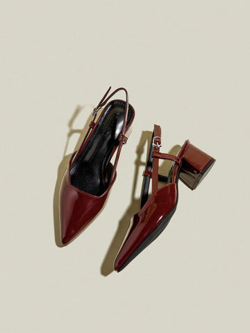 Women's Burgundy Patent Leather Pointed Toe Single Strap Chunky Heel Pumps, Elegant Pointy Toe Formal Women's Burgundy Patent Leather Pointed Toe Single Strap Chunky Heel Pumps, Elegant Pointy Toe Formal