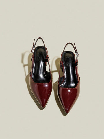 Women's Burgundy Patent Leather Pointed Toe Single Strap Chunky Heel Pumps, Elegant Pointy Toe Formal Women's Burgundy Patent Leather Pointed Toe Single Strap Chunky Heel Pumps, Elegant Pointy Toe Formal