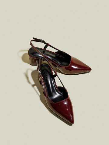 Women's Burgundy Patent Leather Pointed Toe Single Strap Chunky Heel Pumps, Elegant Pointy Toe Formal Women's Burgundy Patent Leather Pointed Toe Single Strap Chunky Heel Pumps, Elegant Pointy Toe Formal