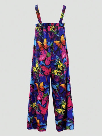 Women's Casual Butterfly Print Jumpsuit, For Holiday Women's Casual Butterfly Print Jumpsuit, For Holiday