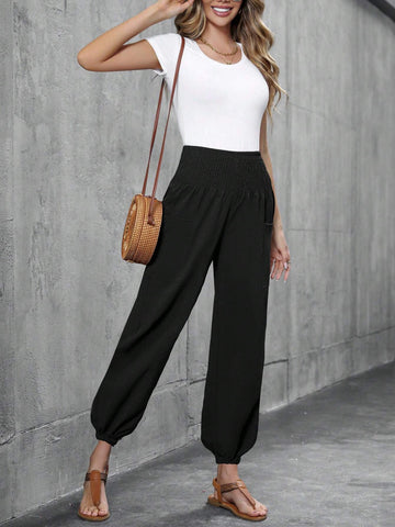 Women's Casual Elastic Waist Nine-Point Pants Double Pocket Harem Pants Women's Casual Elastic Waist Nine-Point Pants Double Pocket Harem Pants