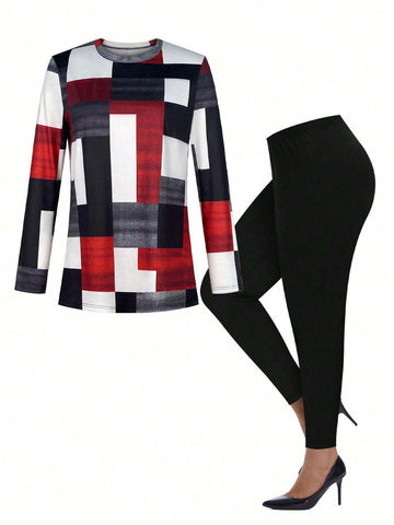 Women's Casual Pants Suit Geometric Print Round Neck Long Sleeve Slit Top Solid Color Leggings Two-Piece Suit Women's Casual Pants Suit Geometric Print Round Neck Long Sleeve Slit Top Solid Color Leggings Two-Piece Suit