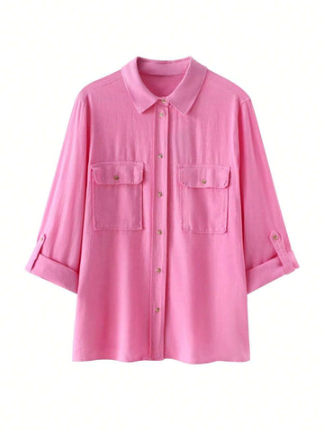 Women's Casual Roll-Up Sleeve Linen Blend Shirt Women's Casual Roll-Up Sleeve Linen Blend Shirt