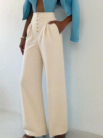 Women's Casual Solid Color Straight Leg Trousers, Elastic Waistband For Easy Wear, Office Lady's Daily Long Pants Suitable For Commute, Dating, Vacation In Summer, Business Casual Women's Casual Solid Color Straight Leg Trousers, Elastic Waistband For Easy Wear, Office Lady's Daily Long Pants Suitable For Commute, Dating, Vacation In Summer, Business Casual