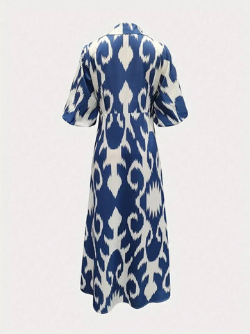 Women's Casual Tie-Dye Print Lantern Sleeve Single-Breasted Long Shirt For Autumn Women's Casual Tie-Dye Print Lantern Sleeve Single-Breasted Long Shirt For Autumn