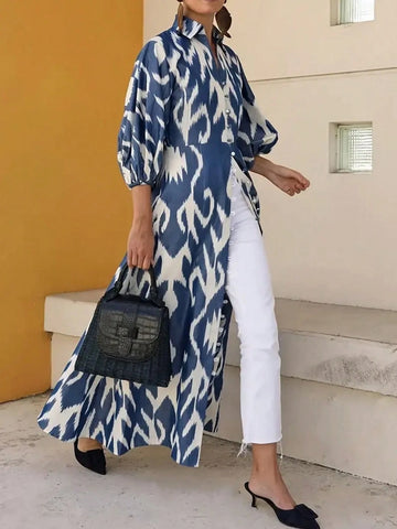 Women's Casual Tie-Dye Print Lantern Sleeve Single-Breasted Long Shirt For Autumn Women's Casual Tie-Dye Print Lantern Sleeve Single-Breasted Long Shirt For Autumn