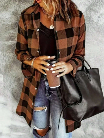 Women's Checkered Long Sleeve Single-Breasted Casual Loose Blouse, Autumn Women's Checkered Long Sleeve Single-Breasted Casual Loose Blouse, Autumn