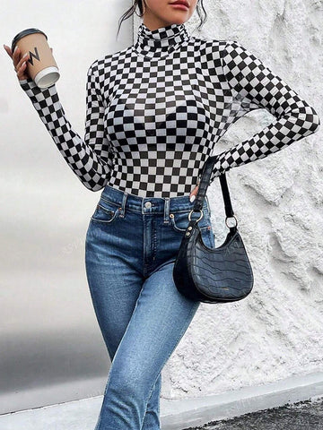 Women's Checkered Printed Long Sleeve High Neck Bodysuit Women's Checkered Printed Long Sleeve High Neck Bodysuit