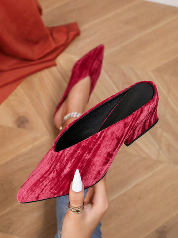 Women's Classic Pointed Toe Deep V Chunky Heel Mule Slip-On Shoes, Versatile For Commute Women's Classic Pointed Toe Deep V Chunky Heel Mule Slip-On Shoes, Versatile For Commute