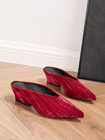 Women's Classic Pointed Toe Deep V Chunky Heel Mule Slip-On Shoes, Versatile For Commute Women's Classic Pointed Toe Deep V Chunky Heel Mule Slip-On Shoes, Versatile For Commute