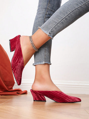 Women's Classic Pointed Toe Deep V Chunky Heel Mule Slip-On Shoes, Versatile For Commute Women's Classic Pointed Toe Deep V Chunky Heel Mule Slip-On Shoes, Versatile For Commute