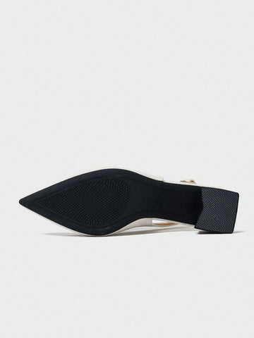 Women's Closed Toe Chunky Heel Shoes With Metal Buckle, Chain Decoration, Women's Closed Toe Chunky Heel Shoes With Metal Buckle, Chain Decoration,
