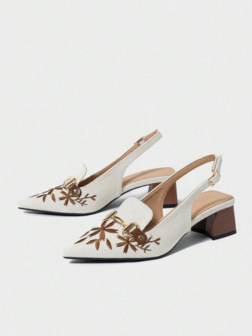 Women's Closed Toe Chunky Heel Shoes With Metal Buckle, Chain Decoration, Women's Closed Toe Chunky Heel Shoes With Metal Buckle, Chain Decoration,