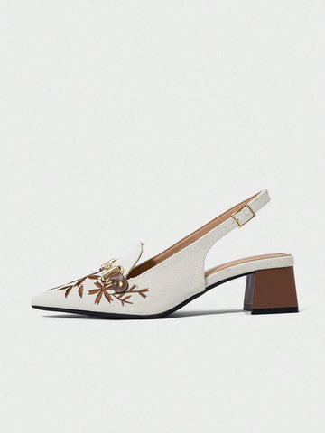 Women's Closed Toe Chunky Heel Shoes With Metal Buckle, Chain Decoration, Women's Closed Toe Chunky Heel Shoes With Metal Buckle, Chain Decoration,