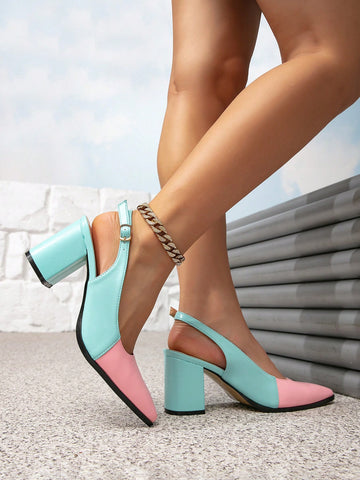 Women's Color Block Sparkly High Heel Pumps, Thick Heel Pointed Toe Multi Color High Heels, Women's Color Block Sparkly High Heel Pumps, Thick Heel Pointed Toe Multi Color High Heels,