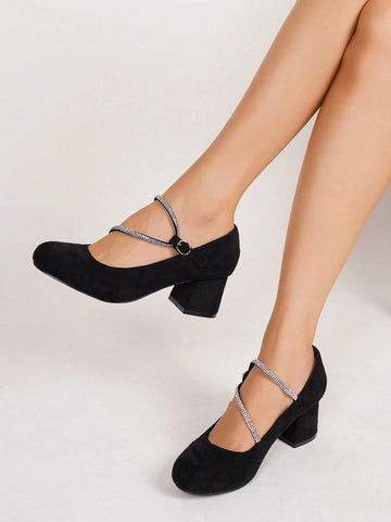 Women's Comfortable Non-Slip Casual Slip-On Black High Heel Shoes With Rhinestone Embellishments, Versatile Women's Comfortable Non-Slip Casual Slip-On Black High Heel Shoes With Rhinestone Embellishments, Versatile