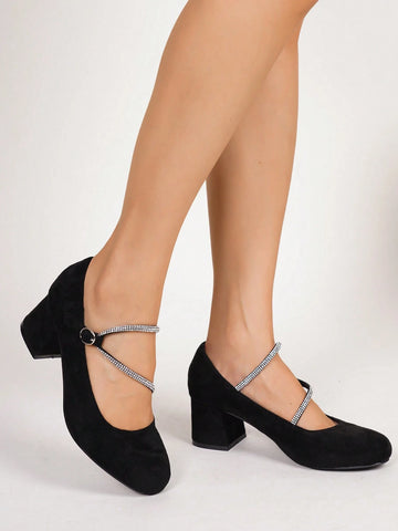 Women's Comfortable Non-Slip Casual Slip-On Black High Heel Shoes With Rhinestone Embellishments, Versatile Women's Comfortable Non-Slip Casual Slip-On Black High Heel Shoes With Rhinestone Embellishments, Versatile