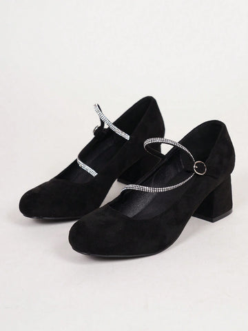 Women's Comfortable Non-Slip Casual Slip-On Black High Heel Shoes With Rhinestone Embellishments, Versatile Women's Comfortable Non-Slip Casual Slip-On Black High Heel Shoes With Rhinestone Embellishments, Versatile
