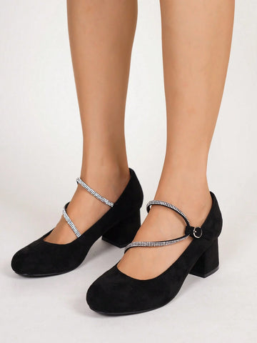 Women's Comfortable Non-Slip Casual Slip-On Black High Heel Shoes With Rhinestone Embellishments, Versatile Women's Comfortable Non-Slip Casual Slip-On Black High Heel Shoes With Rhinestone Embellishments, Versatile