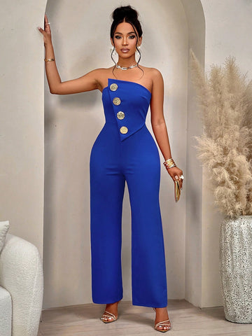 Women's Commuting Gorgeous Red Asymmetrical Chest Wide-Leg Jumpsuit With Texture Exaggerated Metal Buckle Details And Non-Slip Shoulder Straps (Removable) Suitable For Parties, Daily Office, Christmas Parties And Valentine's Day Dates Women's Commuting Gorgeous Red Asymmetrical Chest Wide-Leg Jumpsuit With Texture Exaggerated Metal Buckle Details And Non-Slip Shoulder Straps (Removable) Suitable For Parties, Daily Office, Christmas Parties And Valentine's Day Dates