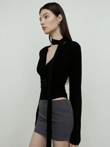 Women's Cowl Collar Wave Collar Wrap Neck Slim-Fit Knit Long Sleeve Halter T-Shirt Women's Cowl Collar Wave Collar Wrap Neck Slim-Fit Knit Long Sleeve Halter T-Shirt