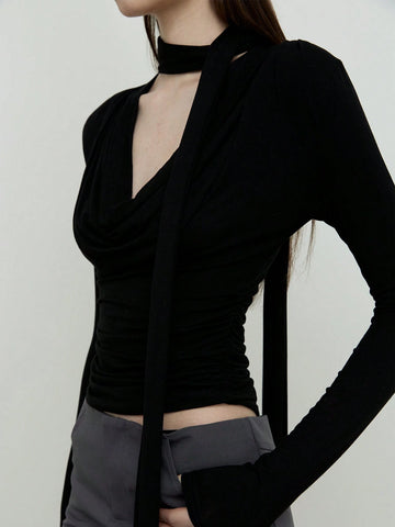 Women's Cowl Collar Wave Collar Wrap Neck Slim-Fit Knit Long Sleeve Halter T-Shirt Women's Cowl Collar Wave Collar Wrap Neck Slim-Fit Knit Long Sleeve Halter T-Shirt