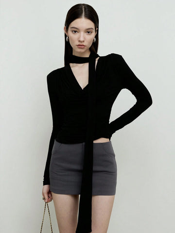 Women's Cowl Collar Wave Collar Wrap Neck Slim-Fit Knit Long Sleeve Halter T-Shirt Women's Cowl Collar Wave Collar Wrap Neck Slim-Fit Knit Long Sleeve Halter T-Shirt