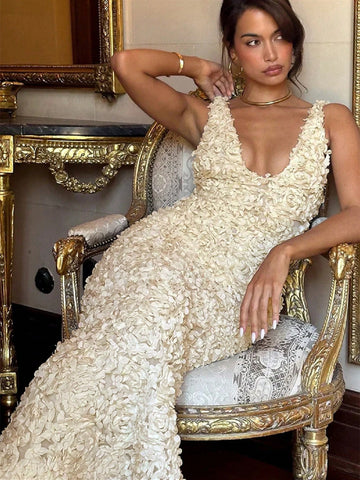 Women's Elegant 3D Floral Sexy See-Through V-Neck High Waist Slim Fit Formal Party Dress Women's Elegant 3D Floral Sexy See-Through V-Neck High Waist Slim Fit Formal Party Dress