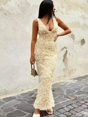 Women's Elegant 3D Floral Sexy See-Through V-Neck High Waist Slim Fit Formal Party Dress Women's Elegant 3D Floral Sexy See-Through V-Neck High Waist Slim Fit Formal Party Dress