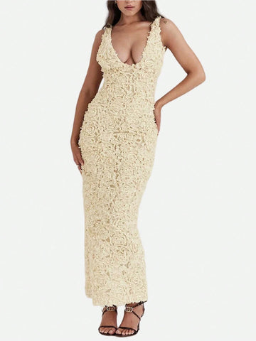 Women's Elegant 3D Floral Sexy See-Through V-Neck High Waist Slim Fit Formal Party Dress Women's Elegant 3D Floral Sexy See-Through V-Neck High Waist Slim Fit Formal Party Dress