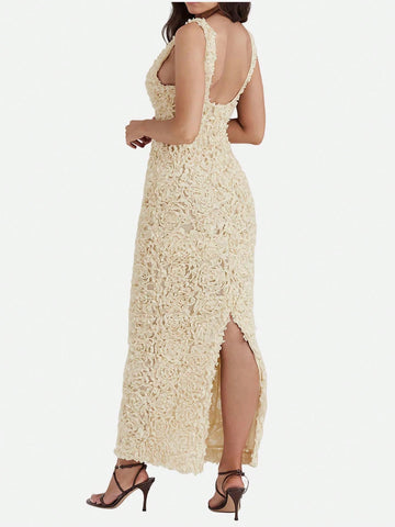 Women's Elegant 3D Floral Sexy See-Through V-Neck High Waist Slim Fit Formal Party Dress Women's Elegant 3D Floral Sexy See-Through V-Neck High Waist Slim Fit Formal Party Dress