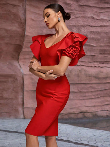 Women's Elegant 3D Floral Sleeve Party Bandage Dress Women's Elegant 3D Floral Sleeve Party Bandage Dress