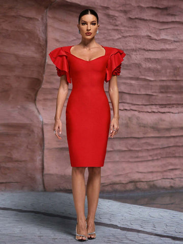 Women's Elegant 3D Floral Sleeve Party Bandage Dress Women's Elegant 3D Floral Sleeve Party Bandage Dress