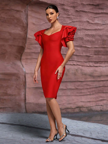 Women's Elegant 3D Floral Sleeve Party Bandage Dress Women's Elegant 3D Floral Sleeve Party Bandage Dress