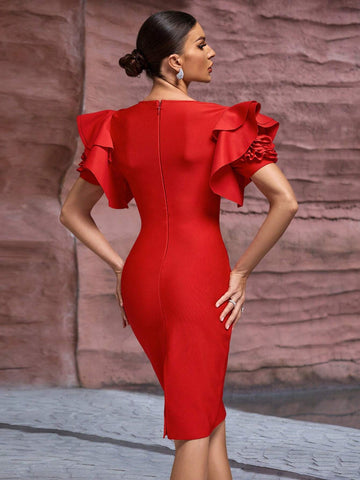 Women's Elegant 3D Floral Sleeve Party Bandage Dress Women's Elegant 3D Floral Sleeve Party Bandage Dress