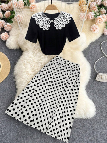 Women's Elegant Contrast Color Lace Short Sleeve Top And Polka Dot Print Skirt Set For Summer Women's Elegant Contrast Color Lace Short Sleeve Top And Polka Dot Print Skirt Set For Summer