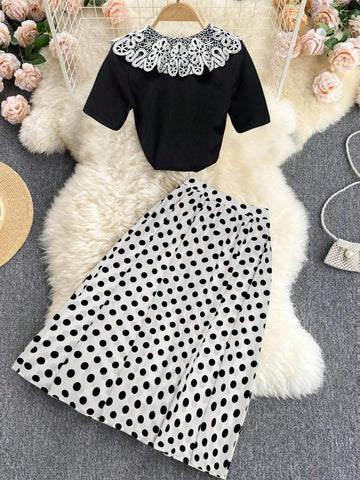 Women's Elegant Contrast Color Lace Short Sleeve Top And Polka Dot Print Skirt Set For Summer Women's Elegant Contrast Color Lace Short Sleeve Top And Polka Dot Print Skirt Set For Summer